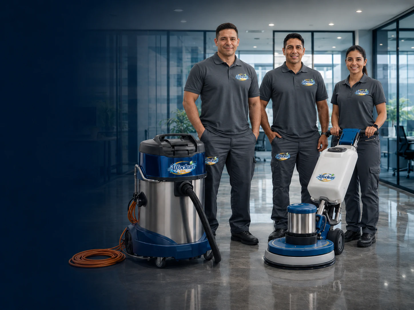 Equipo profesional de Alfoclean Spa con maquinaria de limpieza corporativa